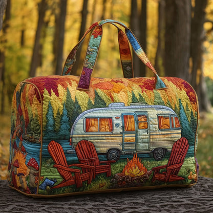 Multicolor quilted duffle bag with camper print, top handles, and wide zipper opening