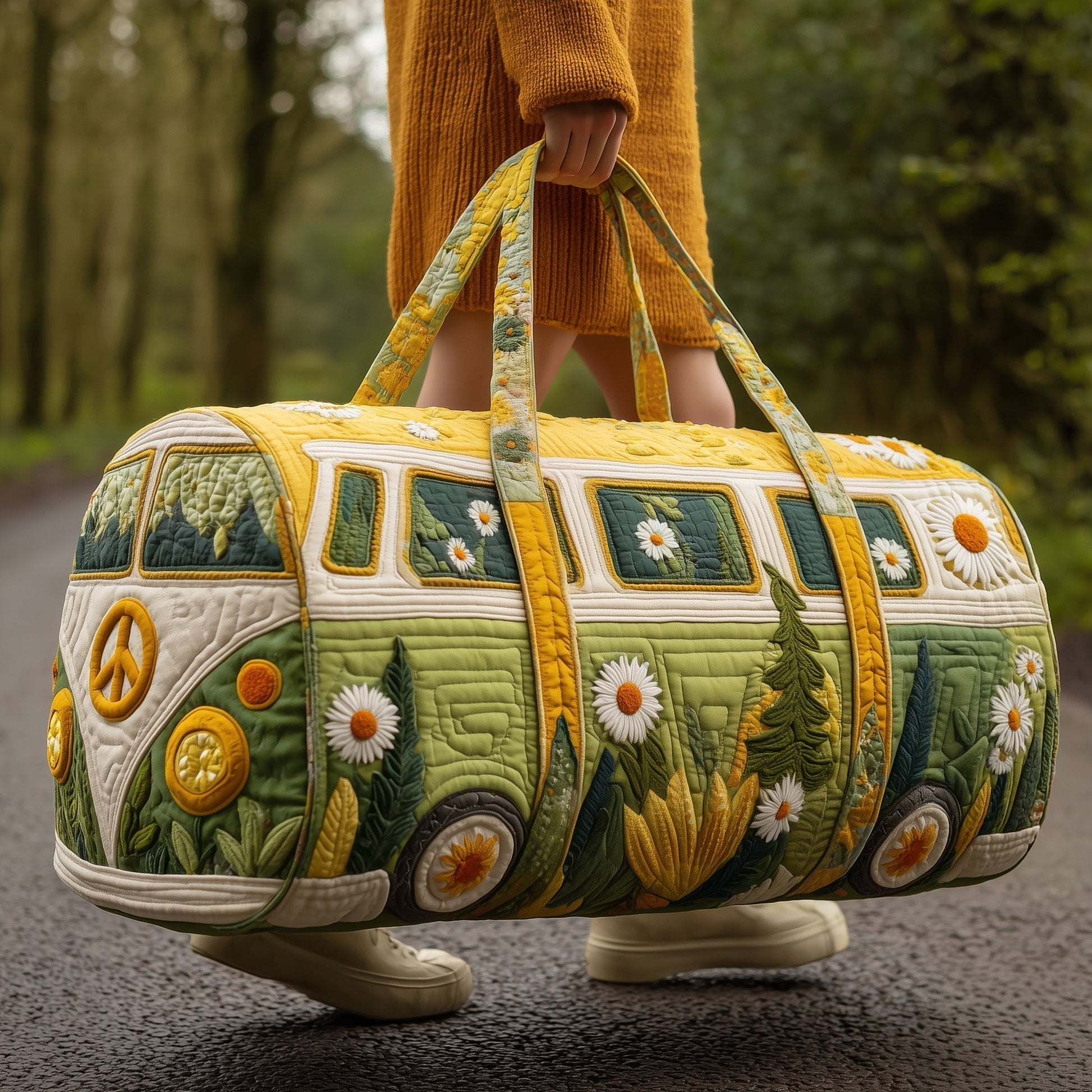 Quilted duffle bag with patchwork hippie van print, top handles and zipper closure