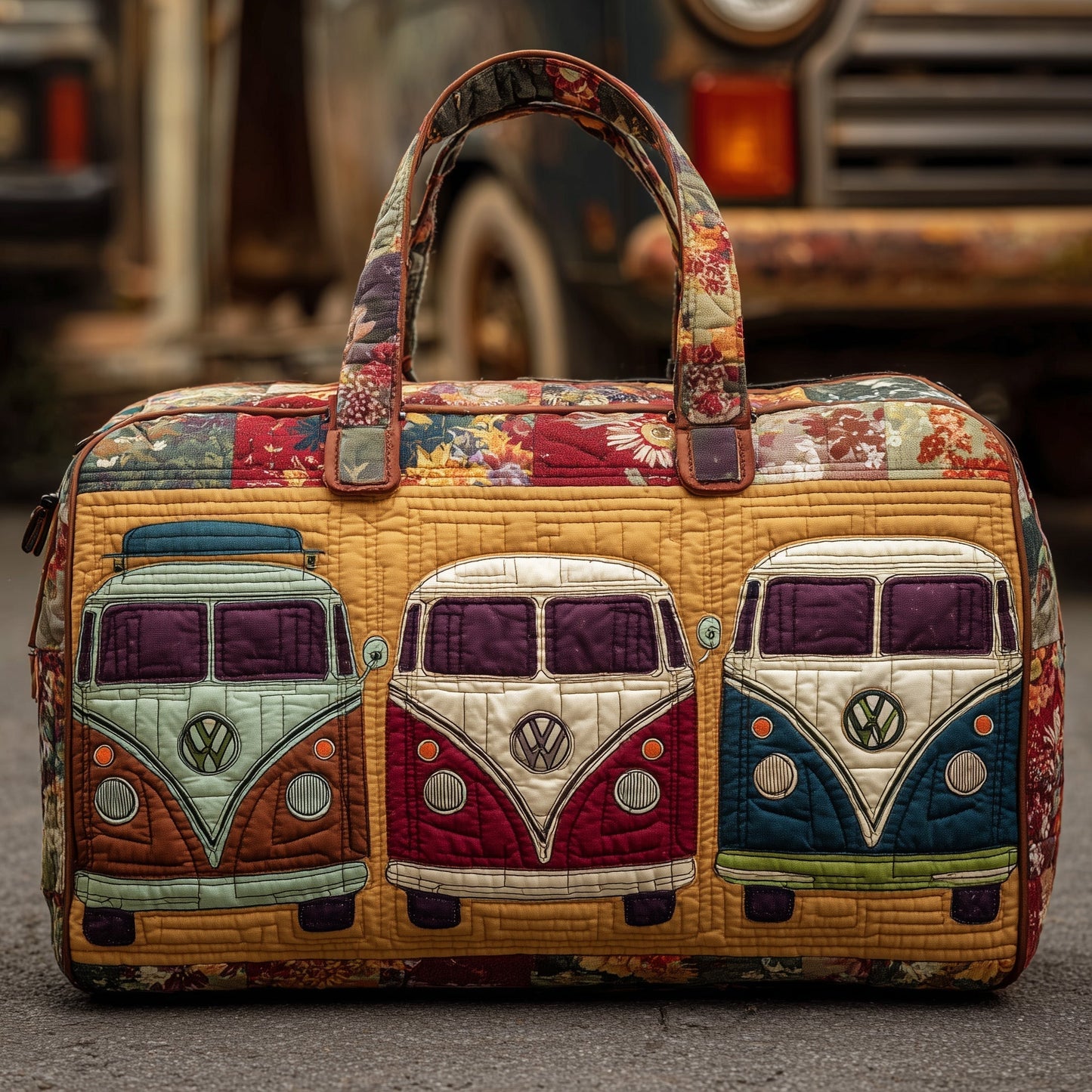 Quilted retro camper duffle bag with colorful bus panels and top handles.