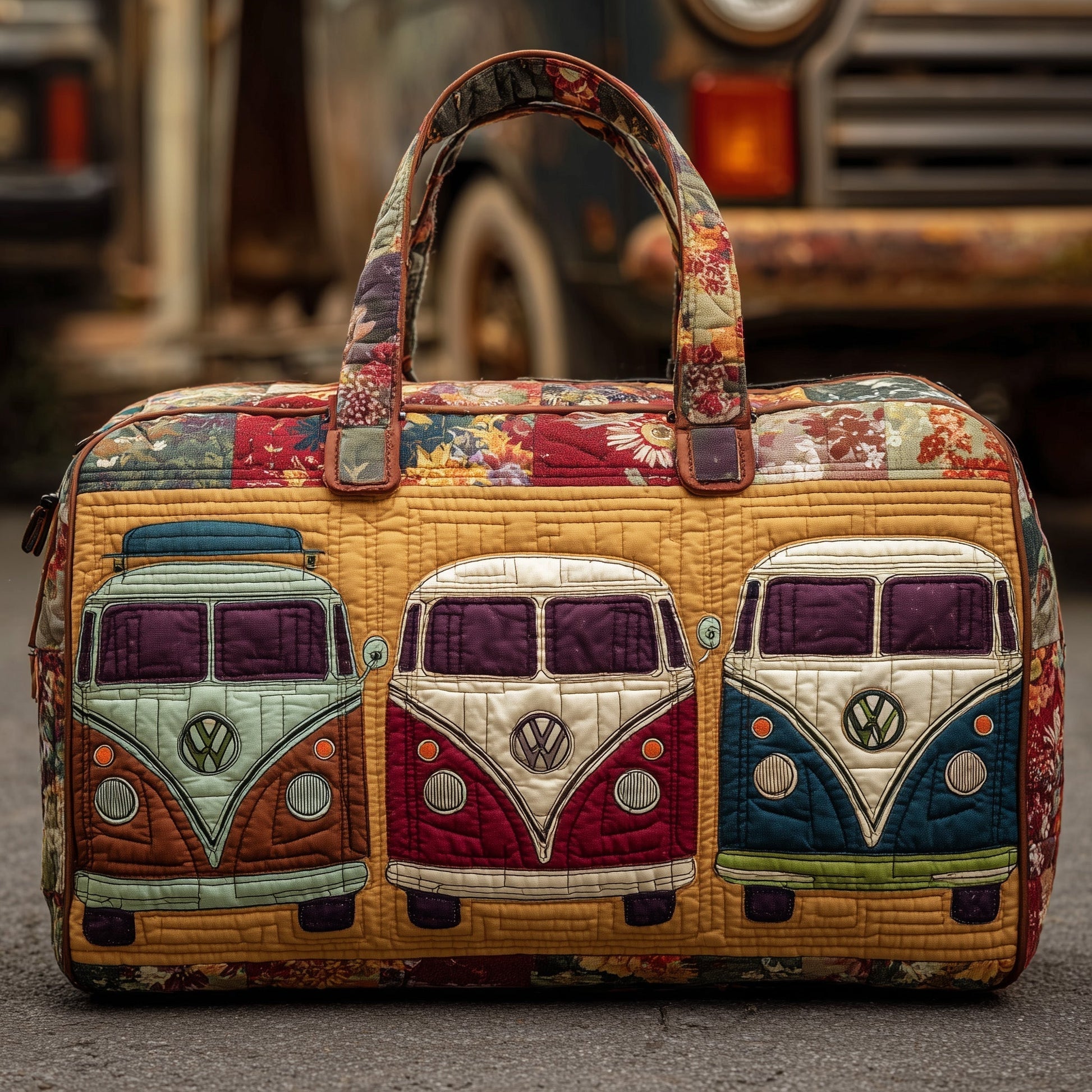 Quilted retro camper duffle bag with colorful bus panels and top handles.