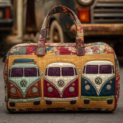 Quilted retro camper duffle bag with colorful bus panels and top handles.
