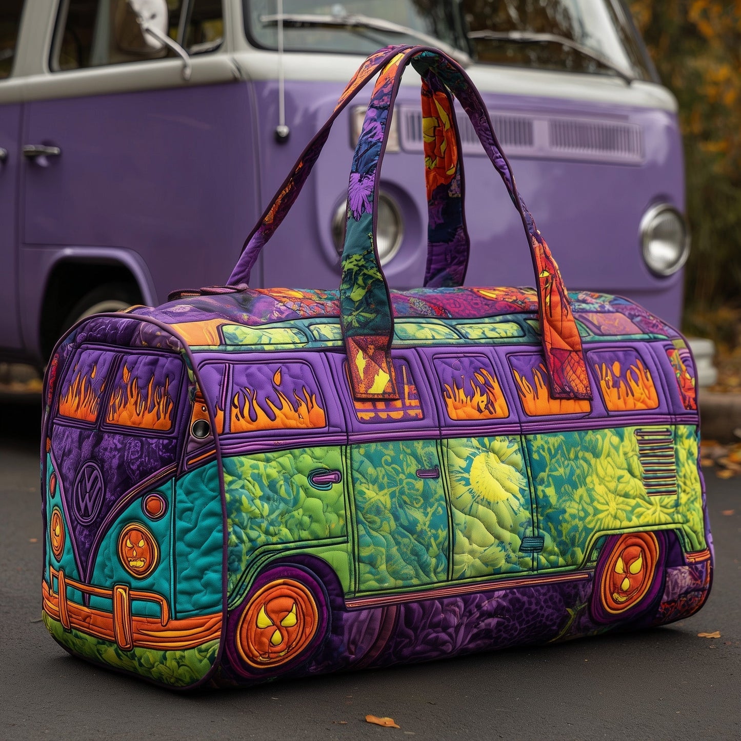 Quilted duffle bag with long handles, colorful van print, zippered top and side panels