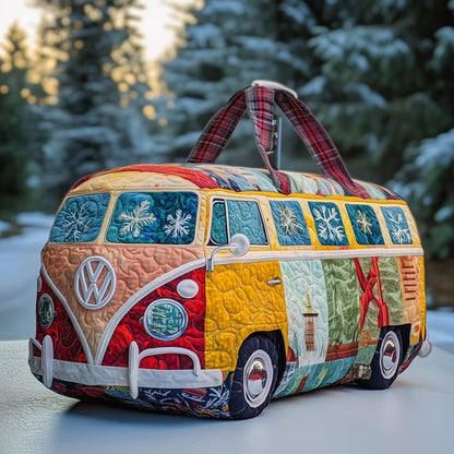 Quilted duffle bag with multicolor bus-and-snowflake van pattern, fabric handles
