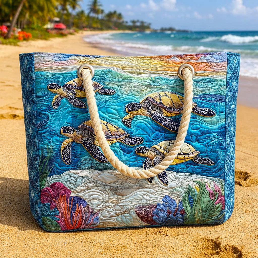 Handcrafted beach bag in blue with sea turtle motif and rope handles
