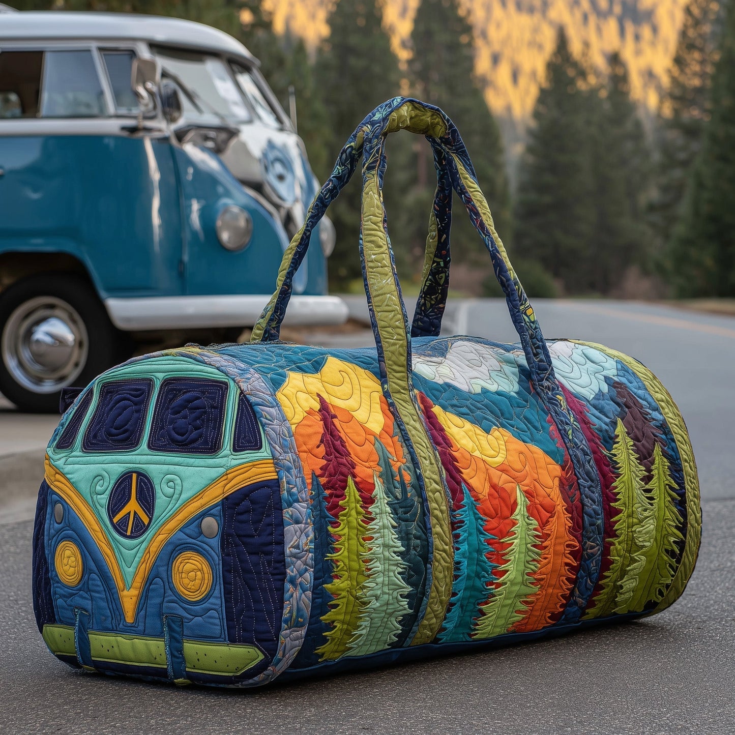 Quilted duffle bag with multicolor patchwork print and top handles, oval shape