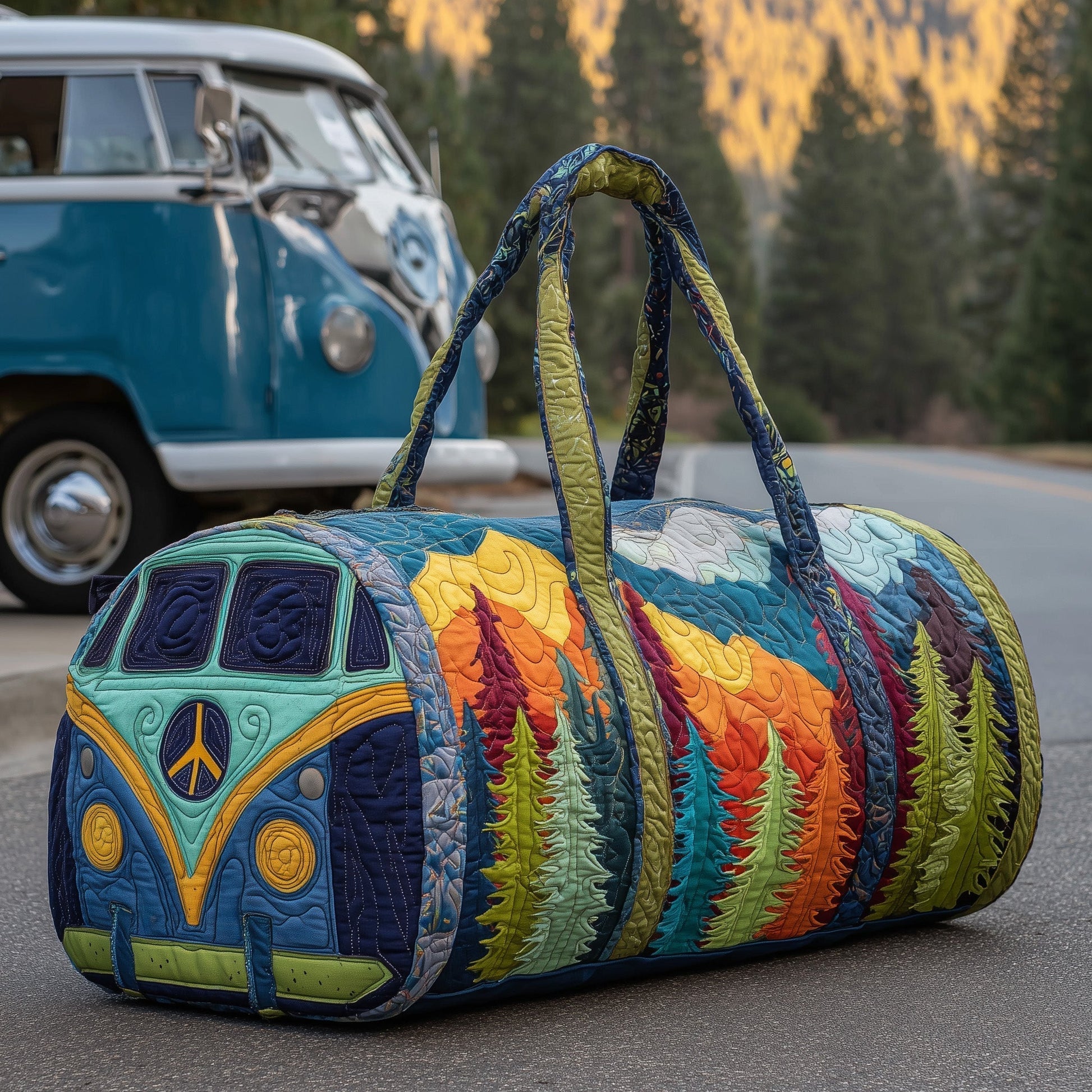 Quilted duffle bag with multicolor patchwork print and top handles, oval shape