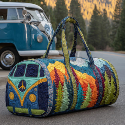 Quilted duffle bag with multicolor patchwork print and top handles, oval shape