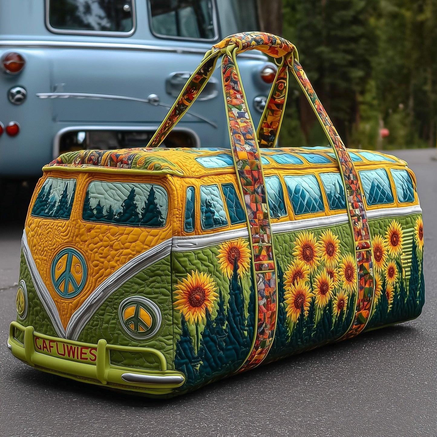 Bohemian sunflower quilted duffle bag with top handles and front peace emblem