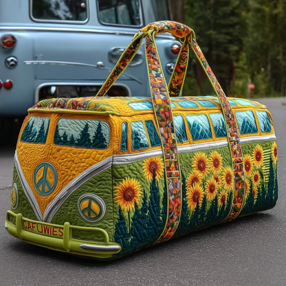 Bohemian sunflower quilted duffle bag with top handles and front peace emblem