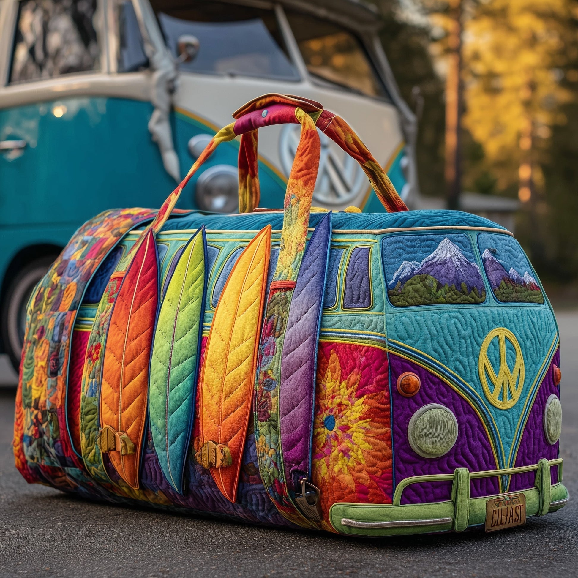 Quilted duffle bag with colorful patchwork panels, top handles, and front zipper pocket