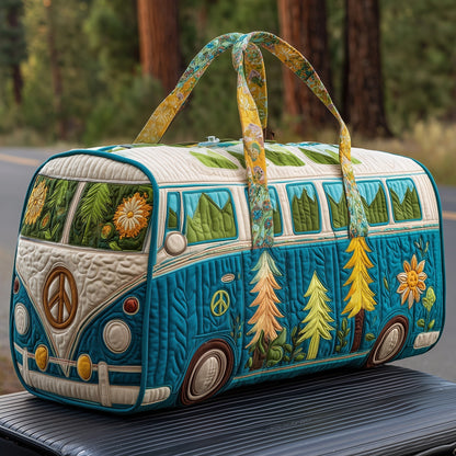 Quilted duffle bag with teal quilted fabric, peace van print, and top carry handles.
