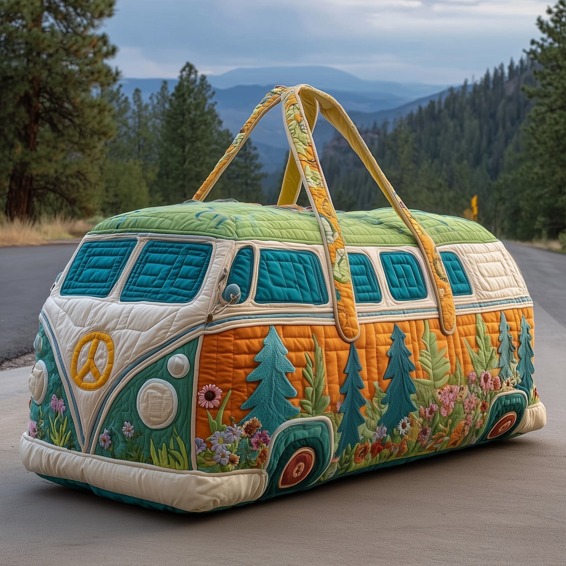 Quilted duffle bag with colorful patchwork, top handles, and front emblem panel