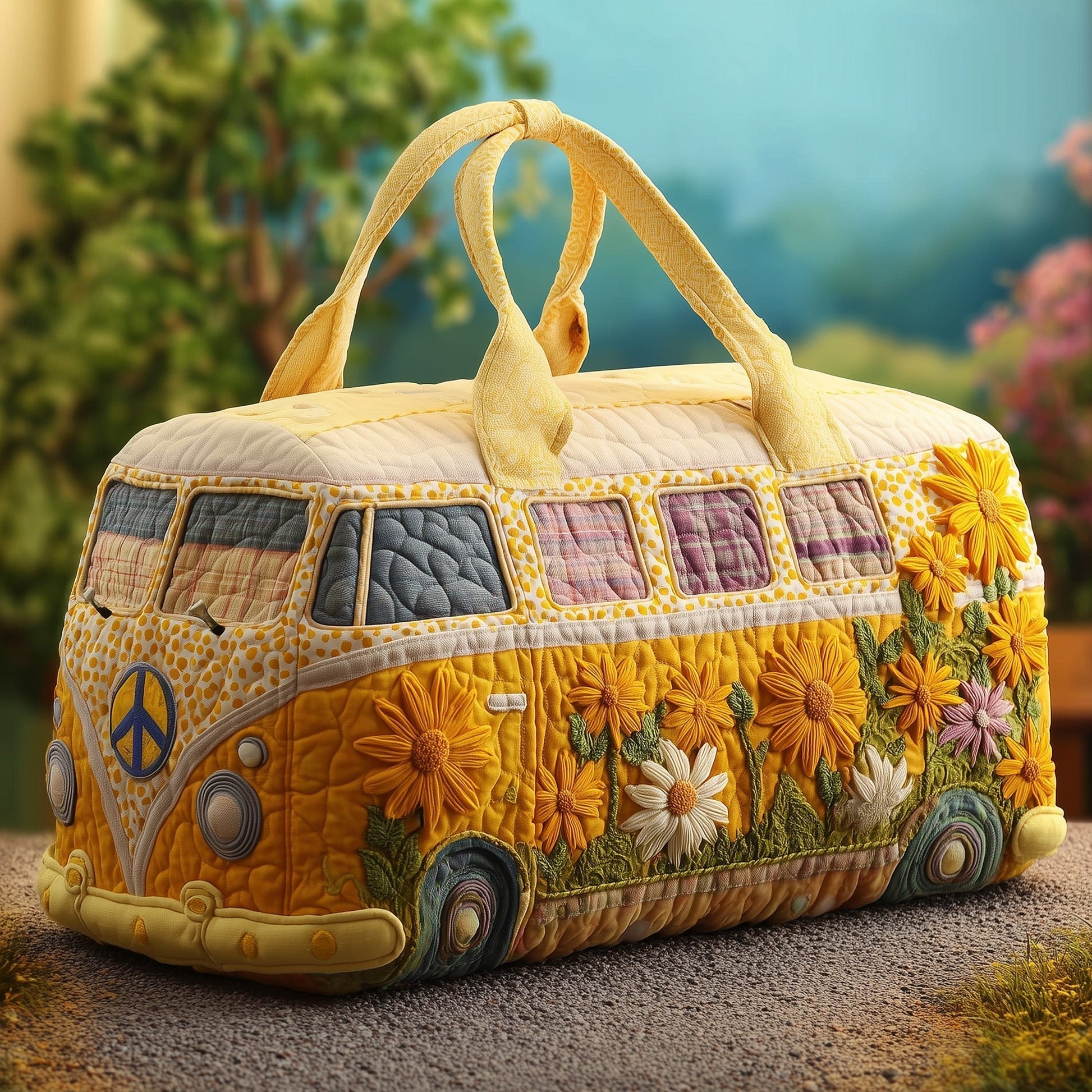 Quilted travel duffle bag shaped like a vintage van, with floral embroidery and twin handles
