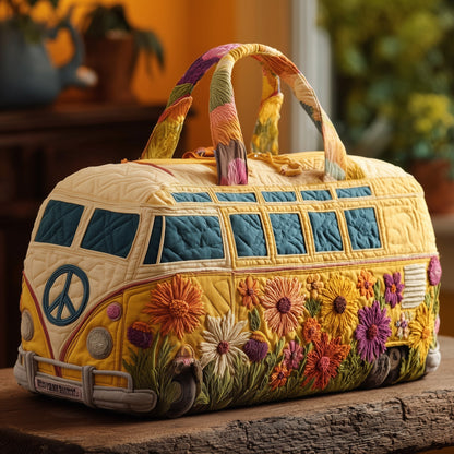 Quilted duffle bag with peace sign patch, multicolor floral and stripe panels