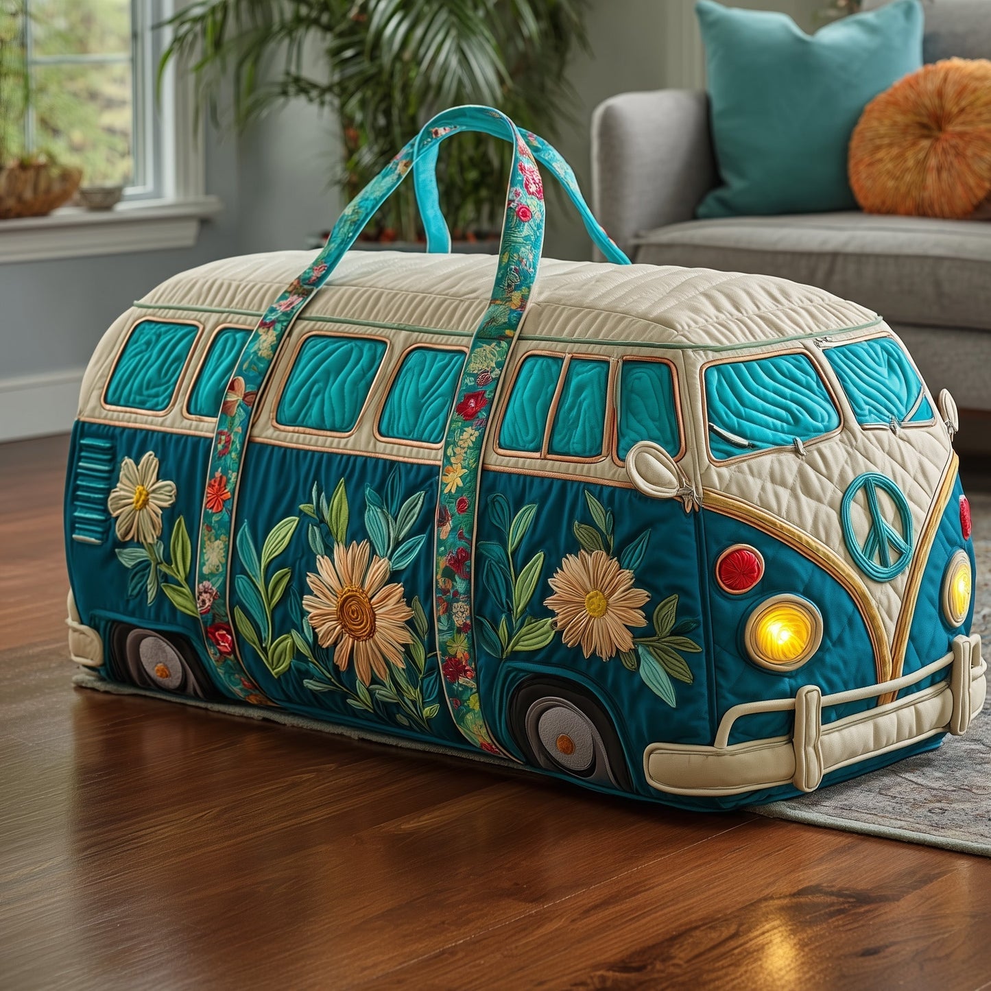 Quilted travel duffle bag with turquoise fabric and floral hippie van print, top handles.