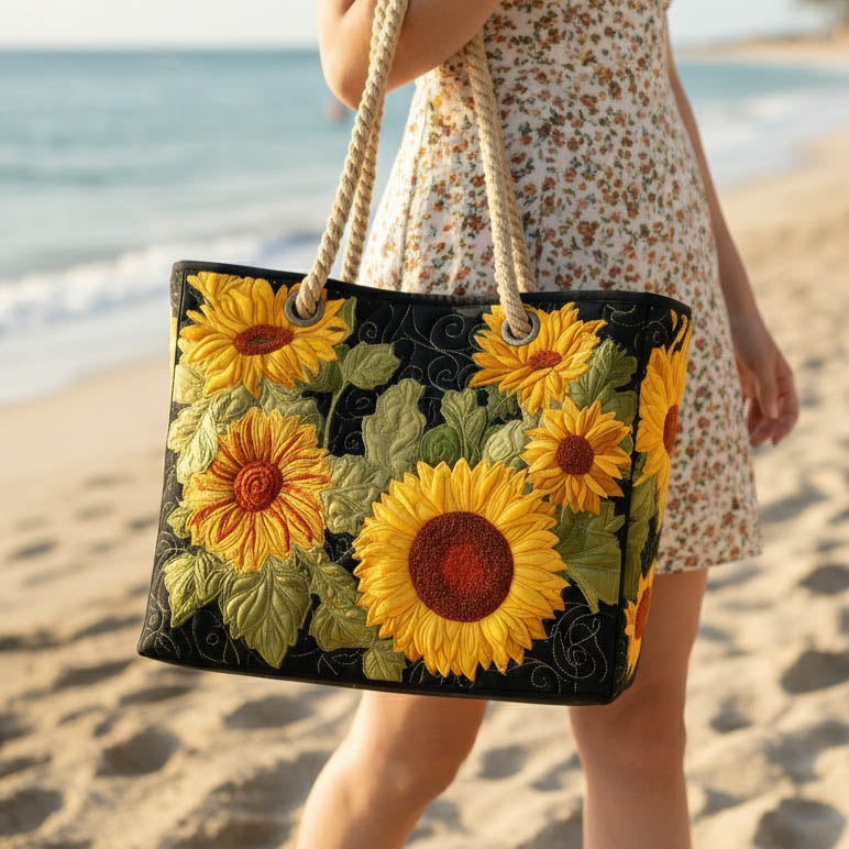 Embroidered sunflower beach bag with black fabric and rope handles