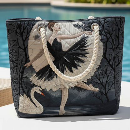 Beach bag with ballerina and swan print on dark canvas, rope handles