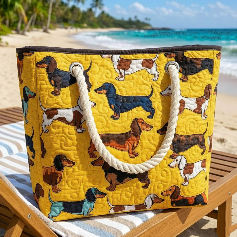 Yellow quilted dachshund tote with front rope handles and stitched dog pattern