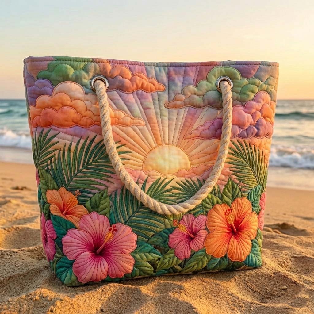 Quilted beach tote with colorful tropical flowers, clouds, and sunrise, rope handles