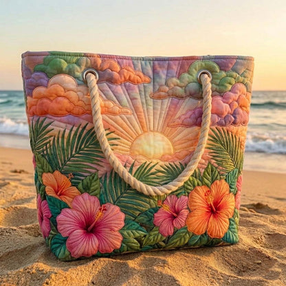 Quilted beach tote with colorful tropical flowers, clouds, and sunrise, rope handles