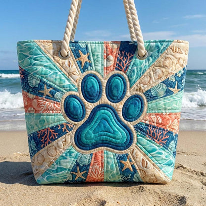 Quilted beach tote with appliqued paw print center and rope handles