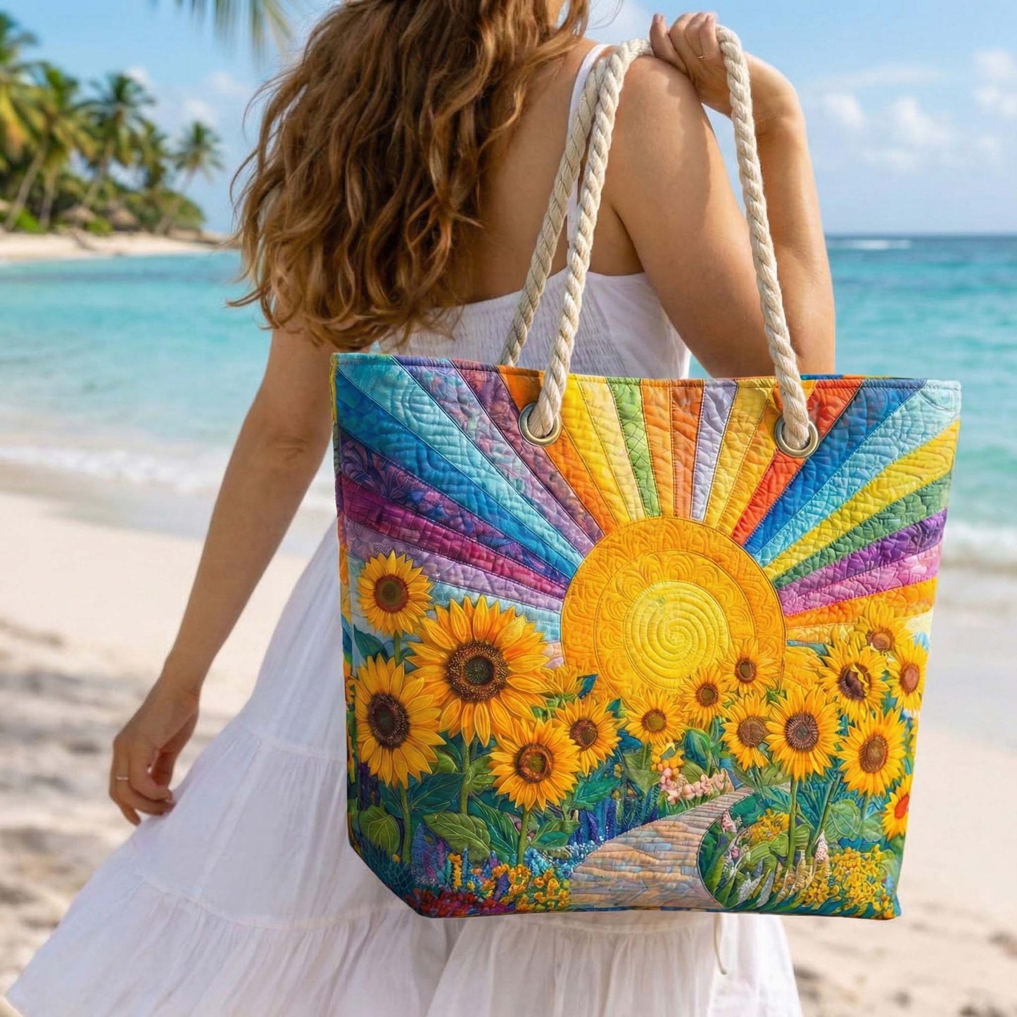 Large quilted beach tote with rainbow stripes, sunflower scene, yellow sun emblem, rope handles