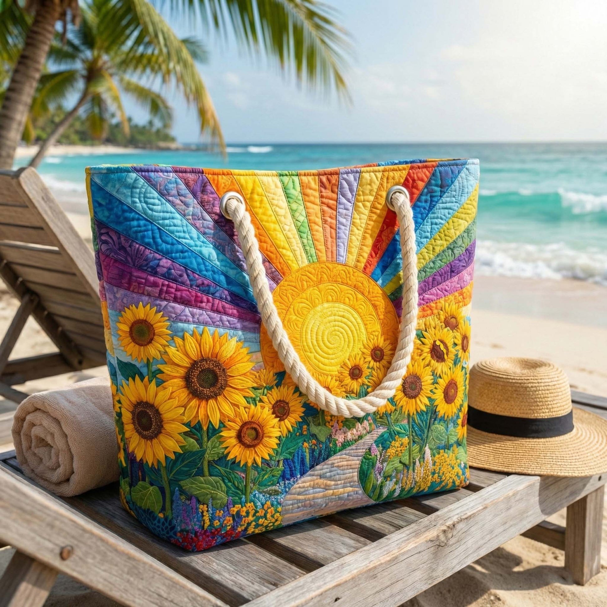 Quilted beach tote with white rope handles, rainbow fan stripes, sunflower field print, yellow sun patch