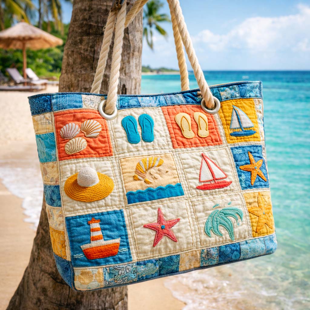 Quilted patchwork beach tote with ocean shells, starfish, sails, and rope handles