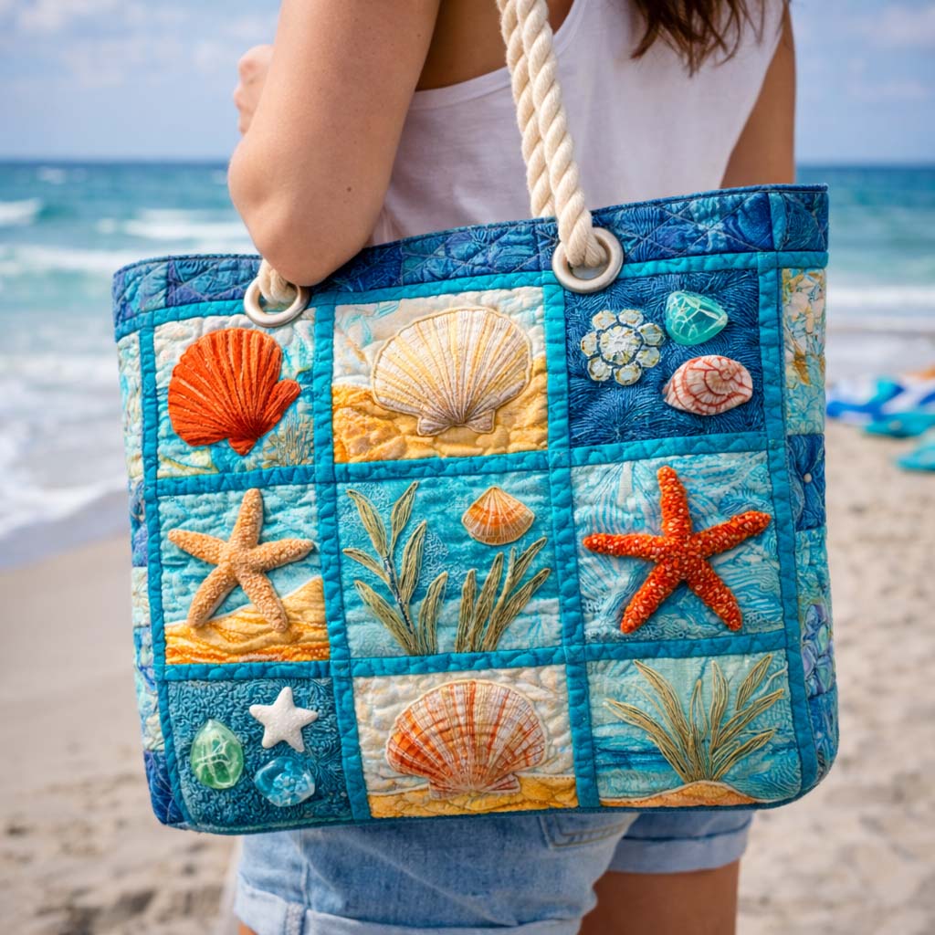 Quilted coastal shell beach bag with rope handles, blue panels, starfish and shells appliques