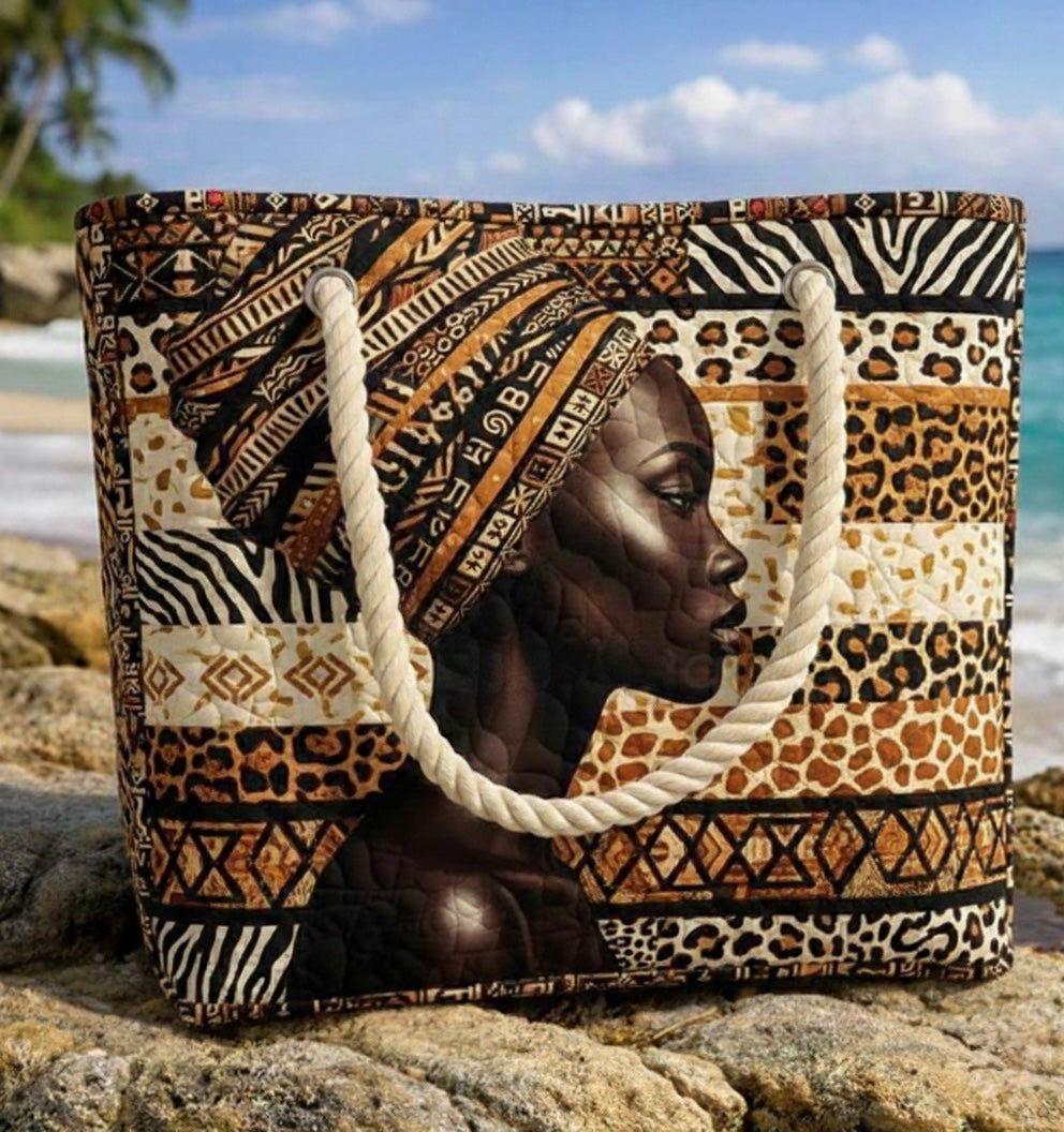 Handcrafted beach bag with rope handles, tribal and leopard print, large face panel