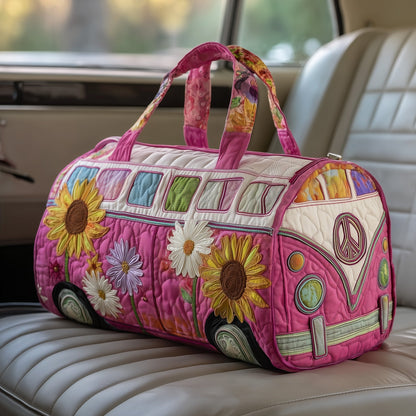 Quilted duffle bag with peace sign and flower patches, pink purple, rounded with handles