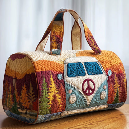 Quilted duffle bag with hippie van graphic, patchwork panels, and top carry handles