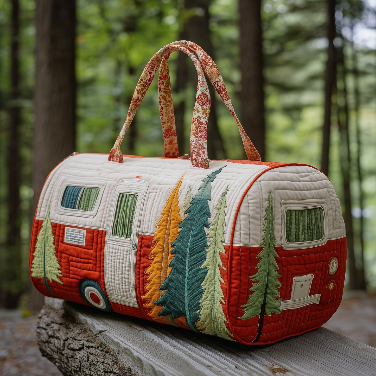 Quilted duffle bag with colorful tree and camper print, padded handles, zip top