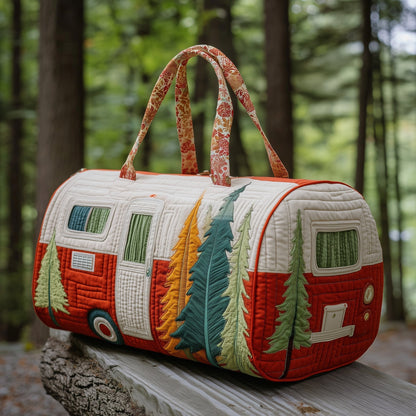 Quilted duffle bag with colorful tree and camper print, padded handles, zip top