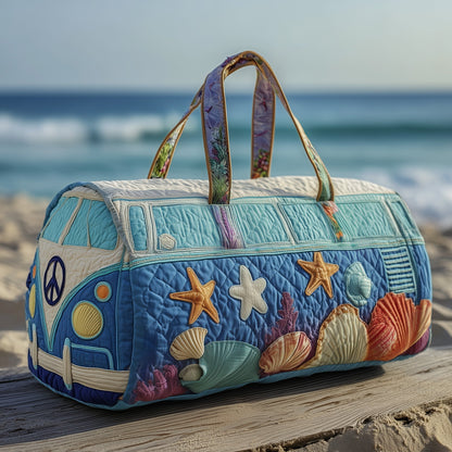 Quilted duffle bag with top handles and blue star-shell seaside print