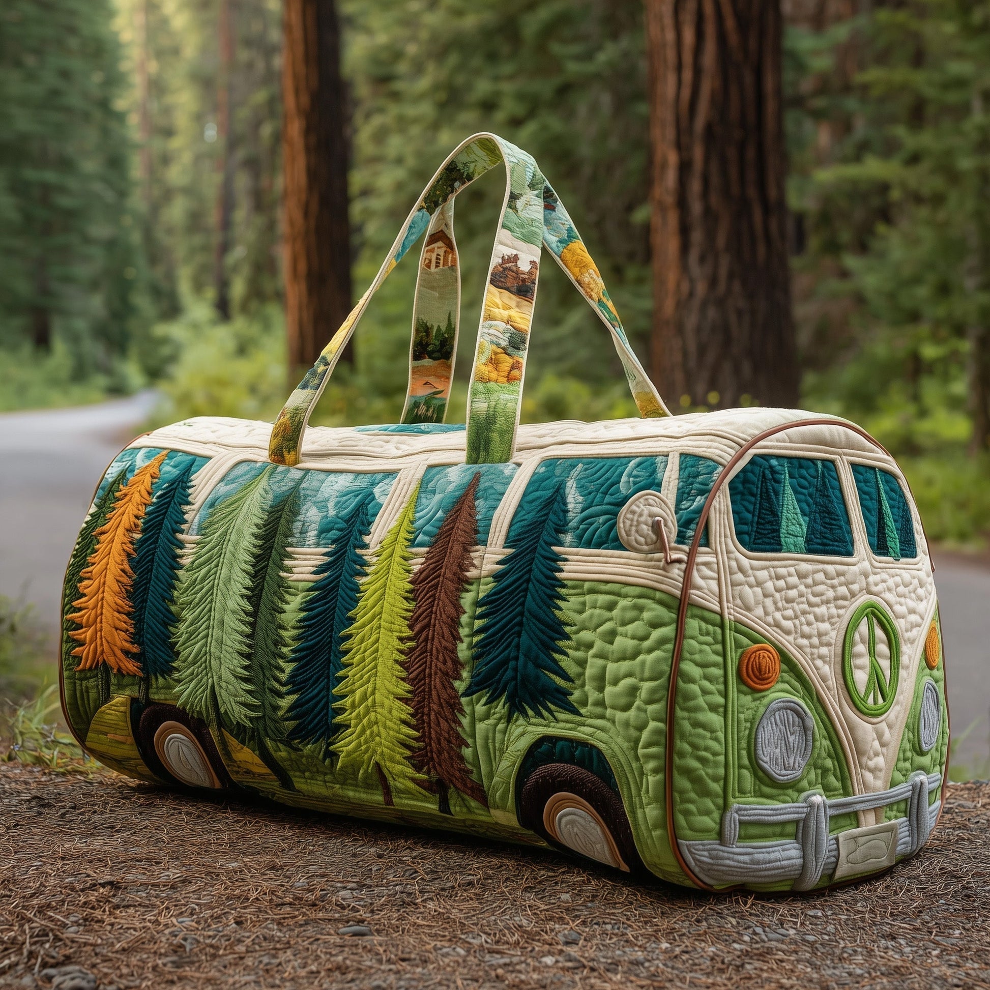 Quilted duffle bag with car-themed print, green quilted body and top handles.