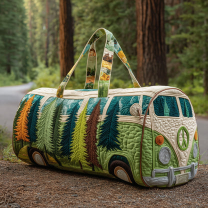 Quilted duffle bag with car-themed print, green quilted body and top handles.