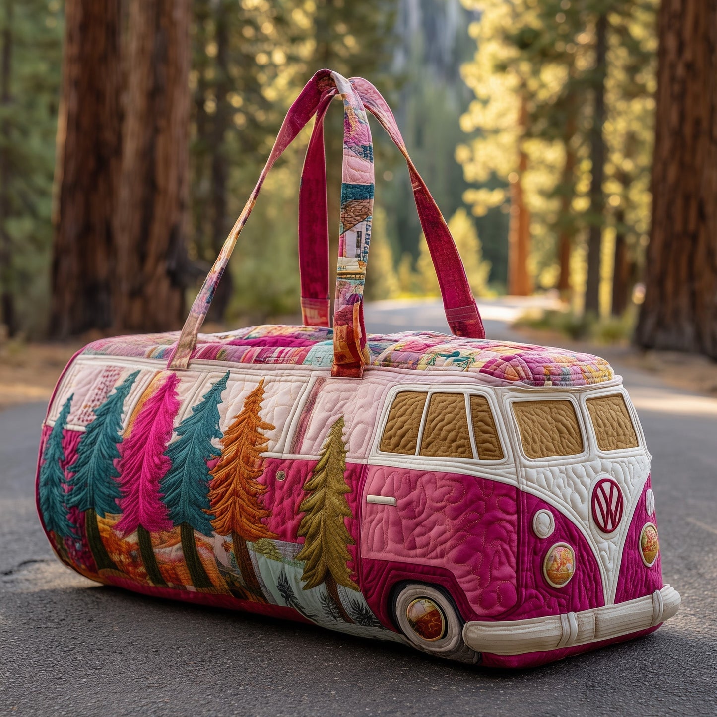 Quilted duffle bag with colorful patchwork print, rounded shape, dual carry handles.