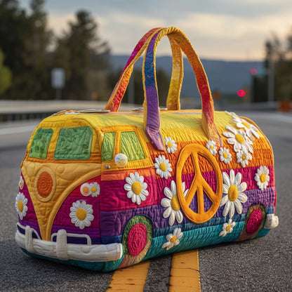 Quilted duffle bag with colorful patchwork, peace sign, floral appliques and handles