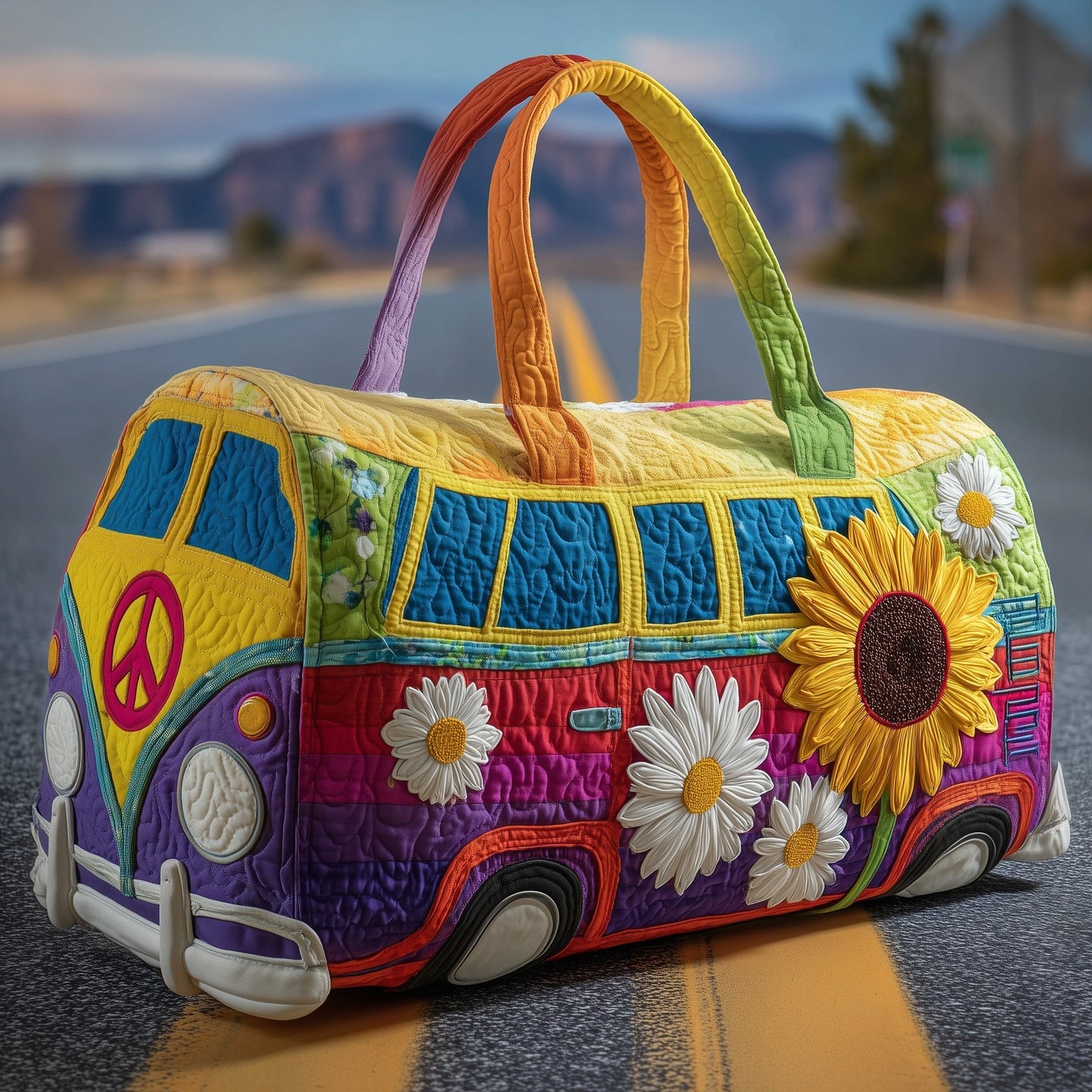 Quilted duffle bag with colorful panels, flower patches, peace sign, and side pockets.