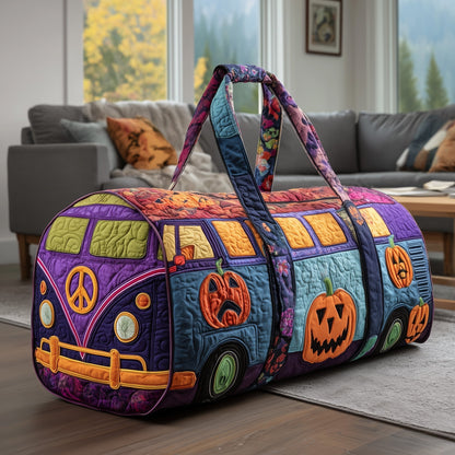 Quilted duffle bag with purple and blue patchwork, top handles, pumpkin and Peace signs