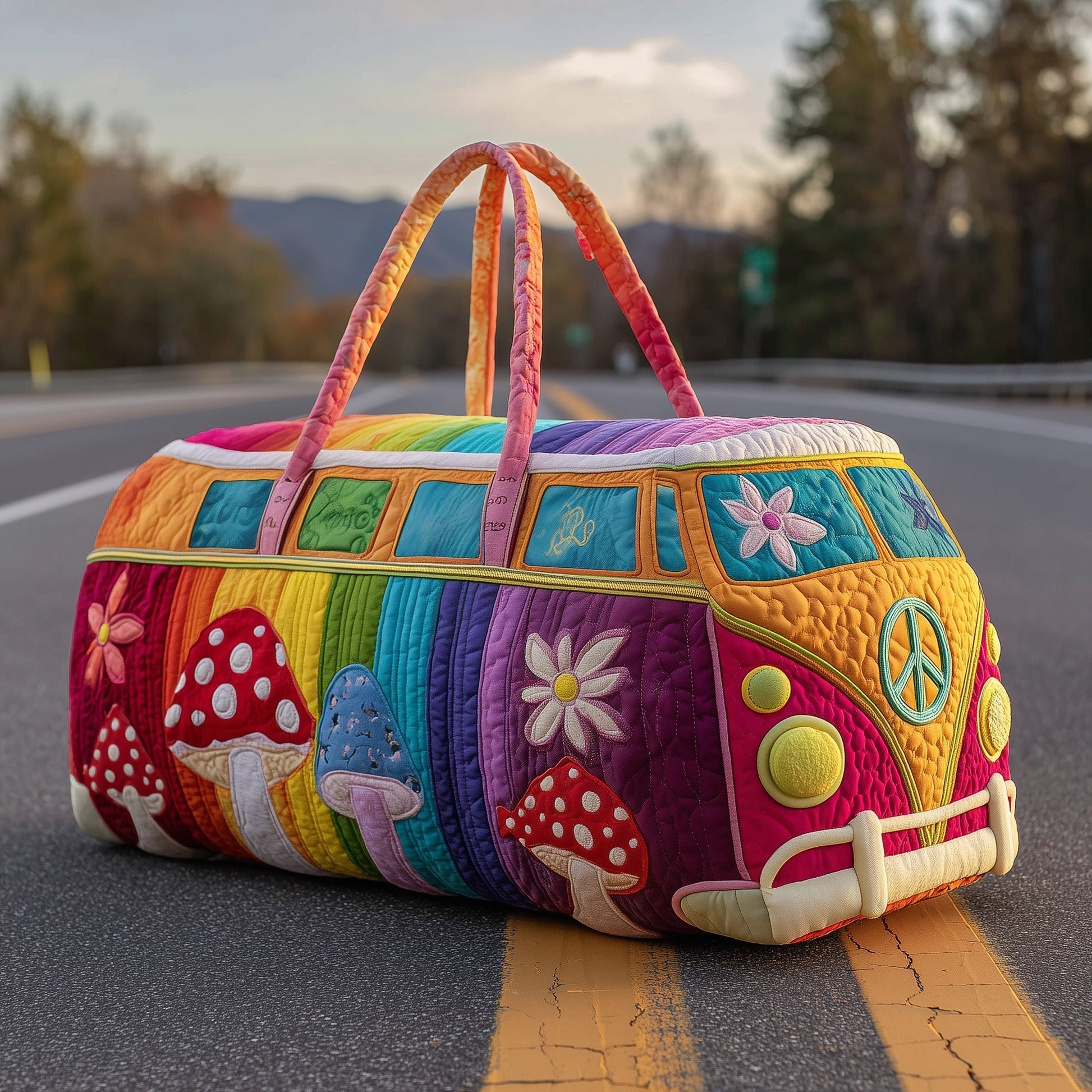 Quilted travel duffle bag with colorful patchwork panels and long carrying handles