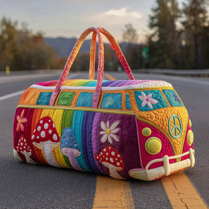 Quilted travel duffle bag with colorful patchwork panels and long carrying handles
