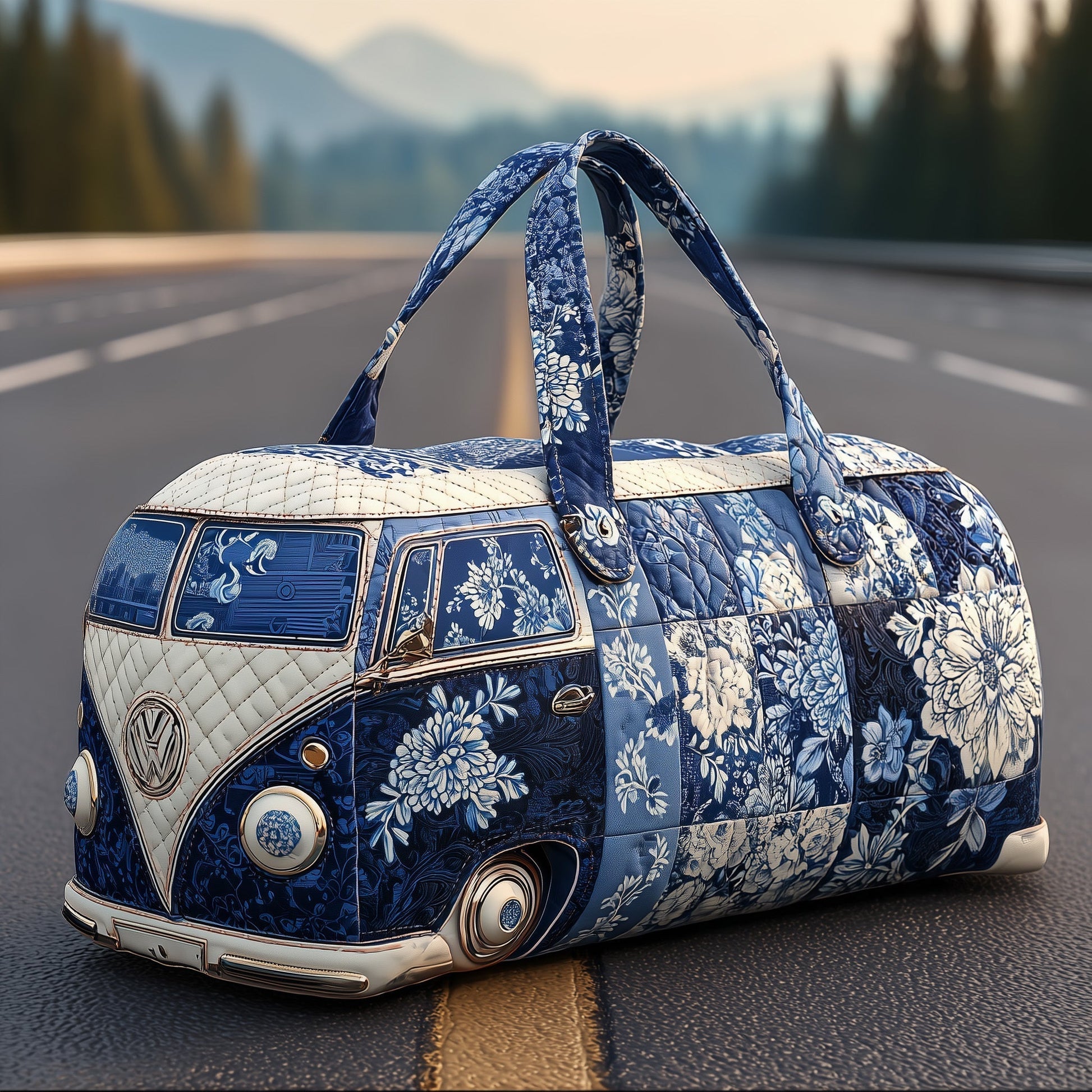 Indigo quilted duffle bag with blue-and-white floral panels and top handles