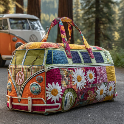 Quilted duffle bag with colorful patchwork and daisy floral print, striped handles.