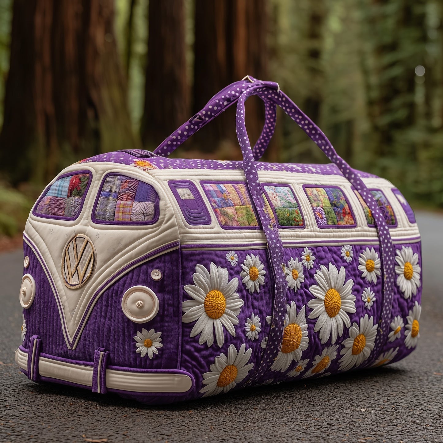 Quilted duffle bag with purple floral print, cream trim, top handles, zip front.