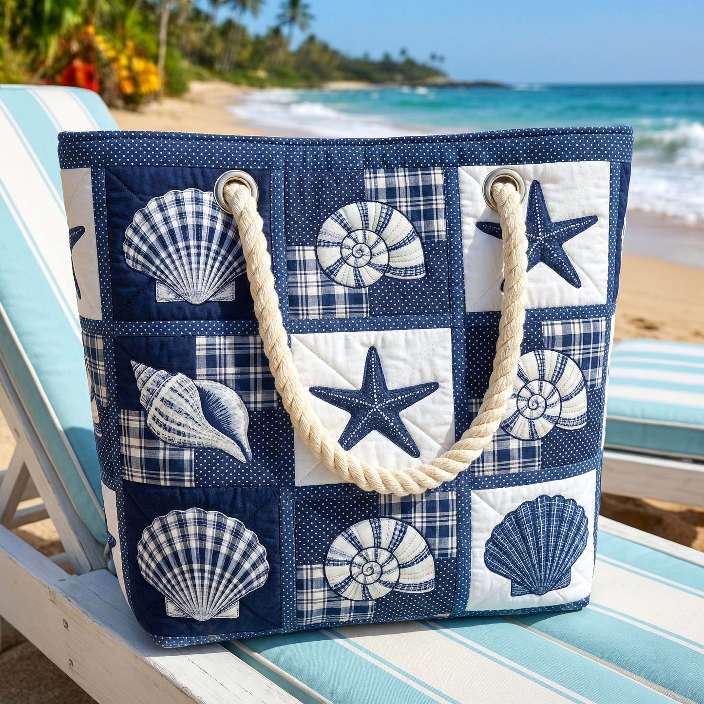 Navy-and-white patchwork beach bag with shell and starfish prints, rope carry handles