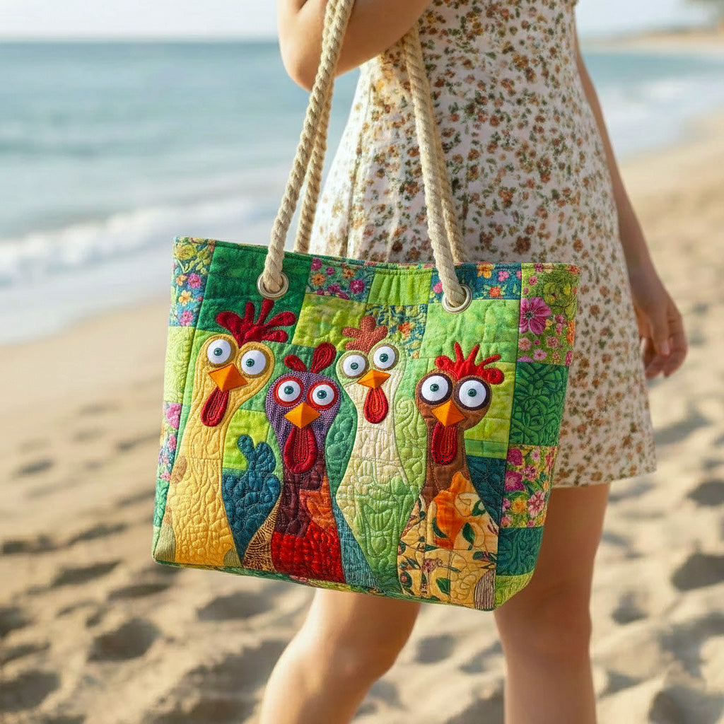Handcrafted beach bag Funky Chicken, quilted colorful chicken patchwork with rope handles