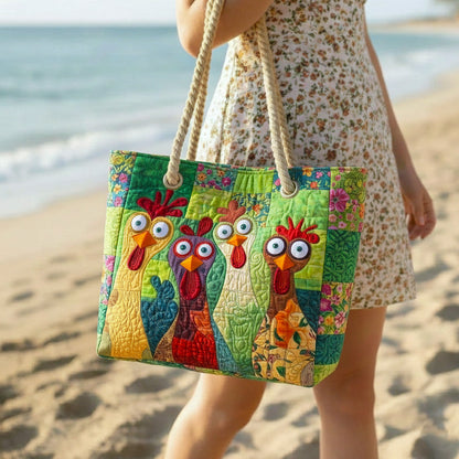 Handcrafted beach bag Funky Chicken, quilted colorful chicken patchwork with rope handles