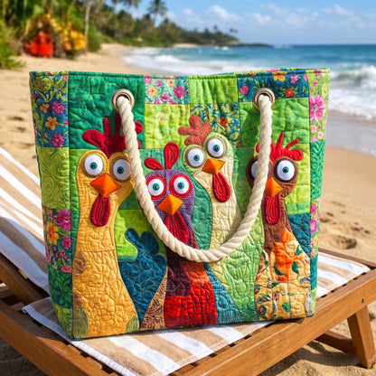 Quilted Funky Chicken beach bag with green patchwork chickens, floral blocks, rope handles